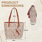 Storite Women's Tote Bag with Leather Handles & Embroidery Printed Handbag with Zip Pockets, Shoulder Tote Bag and Handbag for Office and College (Geometric Ethnic Stripe)