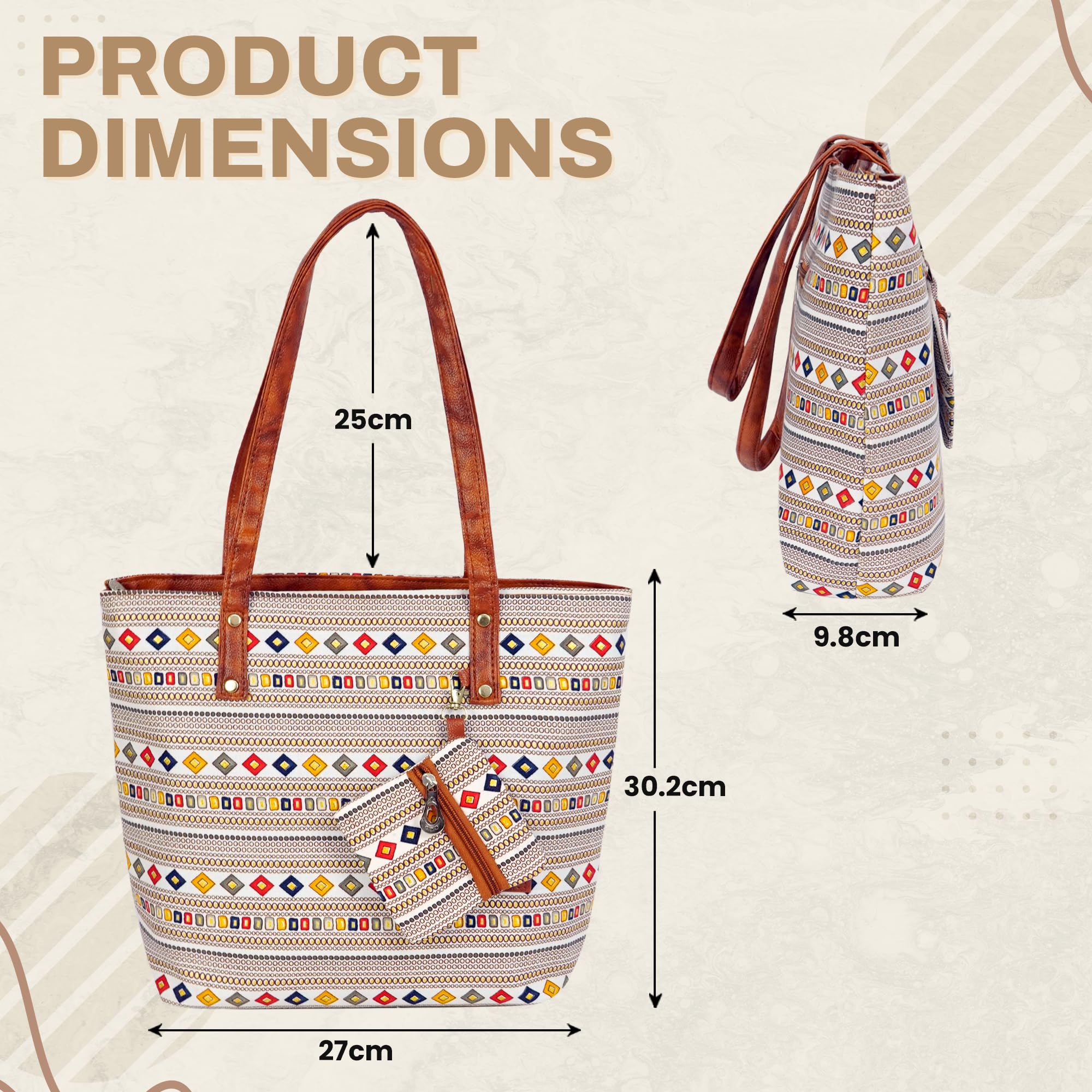 Storite Women's Tote Bag with Leather Handles & Embroidery Printed Handbag with Zip Pockets, Shoulder Tote Bag and Handbag for Office and College (Geometric Ethnic Stripe)
