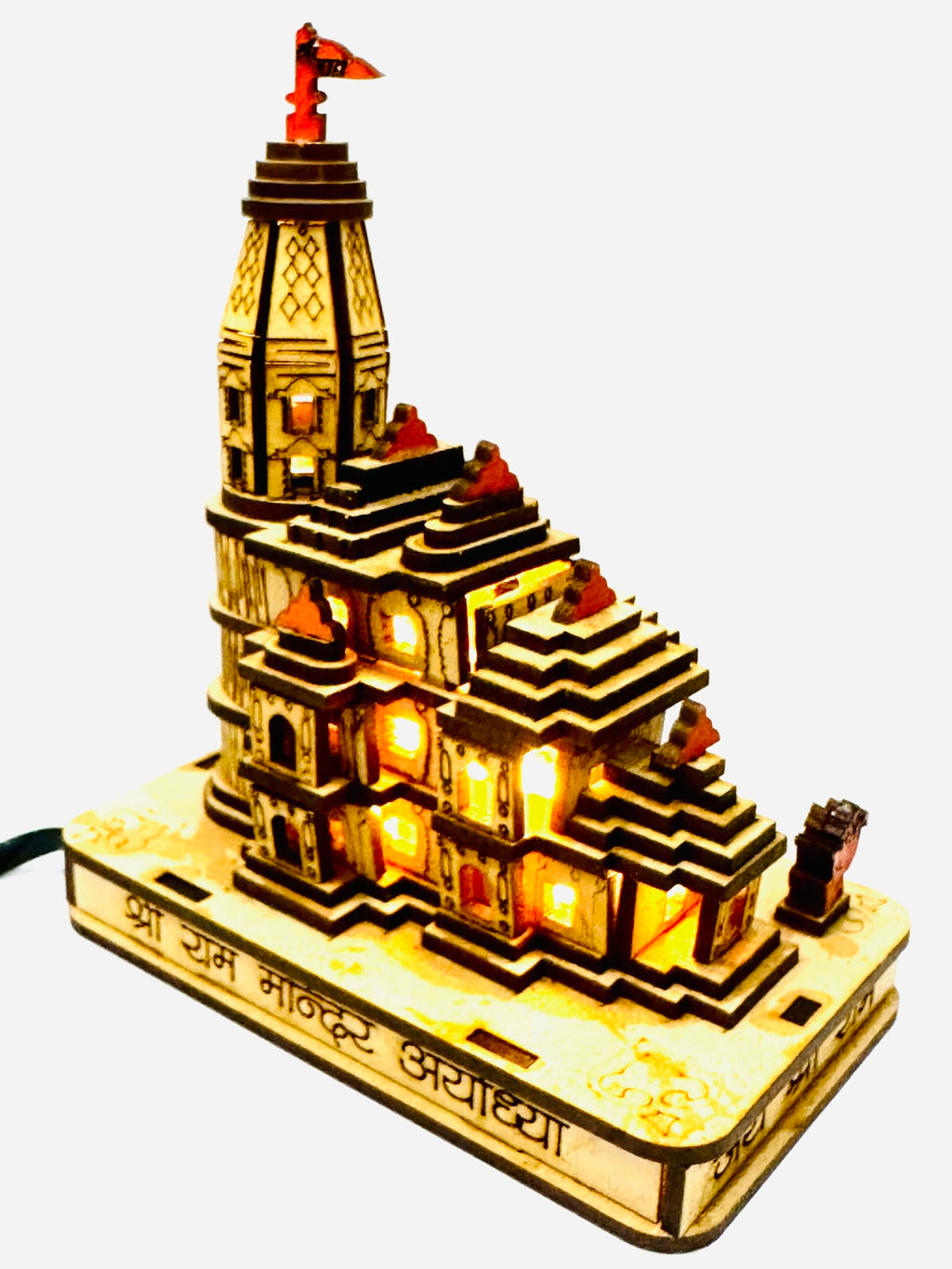 Teddy Berry Shri Ram Janmabhoomi Ayodhya Wooden 3D Temple Model with Yellow LED Lights - 7 Inch Decorative Spiritual Idol for Home & Office
