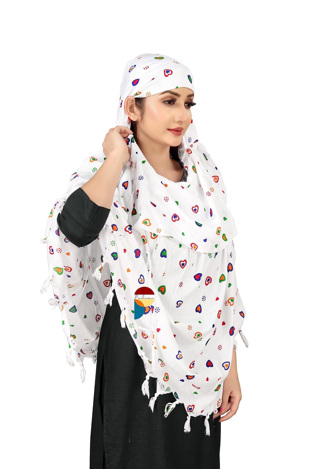 PRACHARAN Cotton Innovative Stylish Double Heart Printed Pattern Fancy Scarf With Sun Protection Cover Face Cotton Driving Scarf For Women's And Girls, White