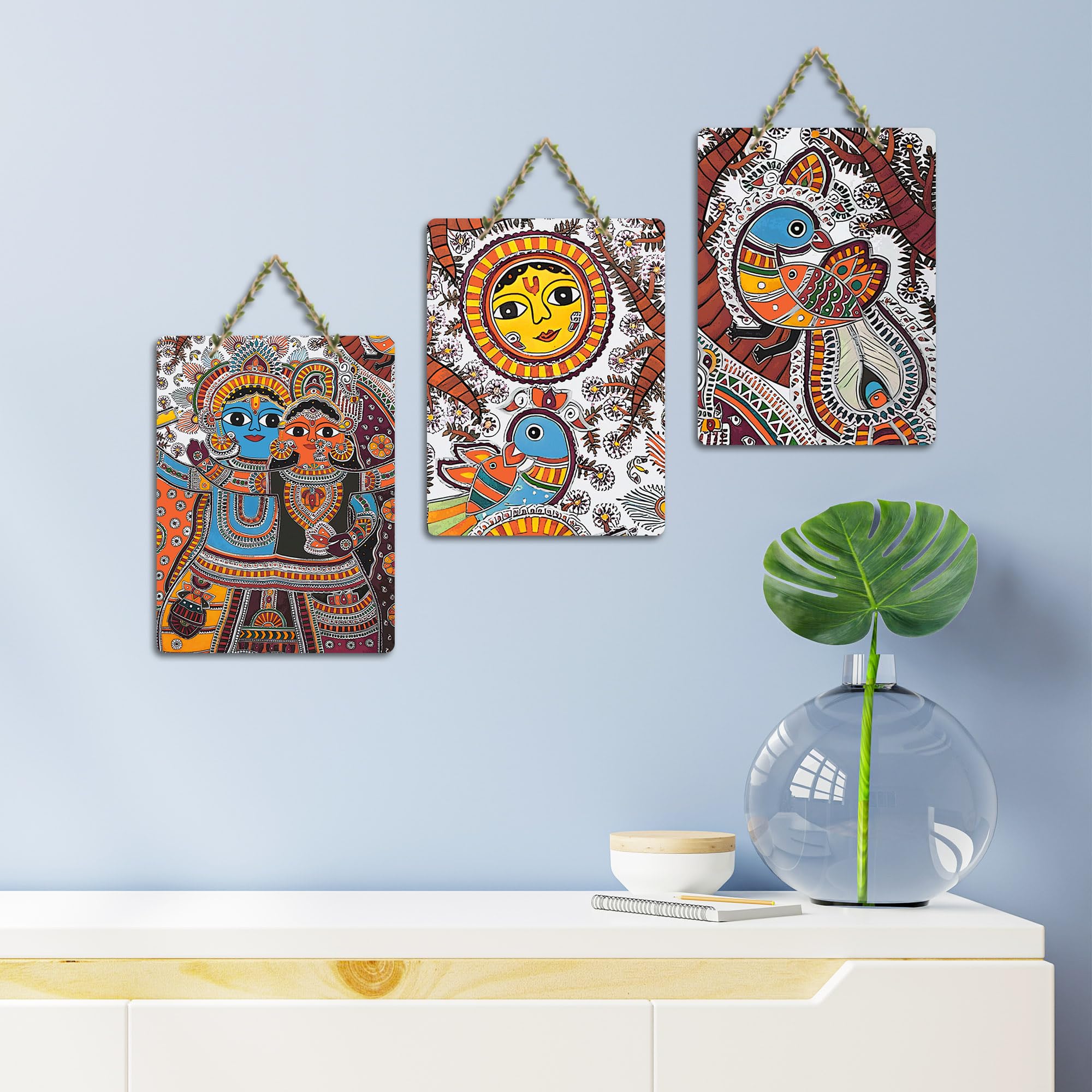 Artvibes Radha Krishna Madhubani Art Wooden Wall Hanger for Home Decor | Living Room | Office | Cafe | Scenery For Drawing Room | Wall Poster | Handcrafted Art | Unique Gift (WH_9606N), Set of 3