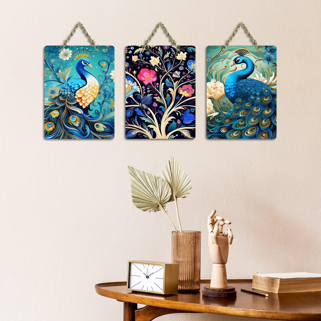 Artvibes Beautiful Peacock Wooden Art Decoration Item for Living Room | Festive Decor Art | Wall Art Painting For Hall | Graphic Artwork | Wall Art Print | Unique Gift Items (WH_96164N), Set of 3