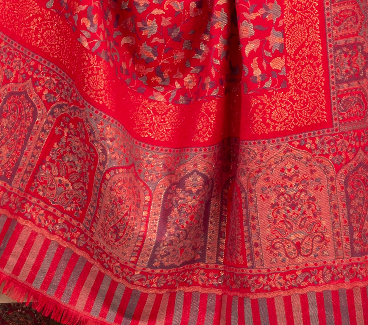 Naureen Women Faux Pashmina Kani Shawl with Mughal Artwork and Zari Accents, Warm and Soft, 40x80 inch