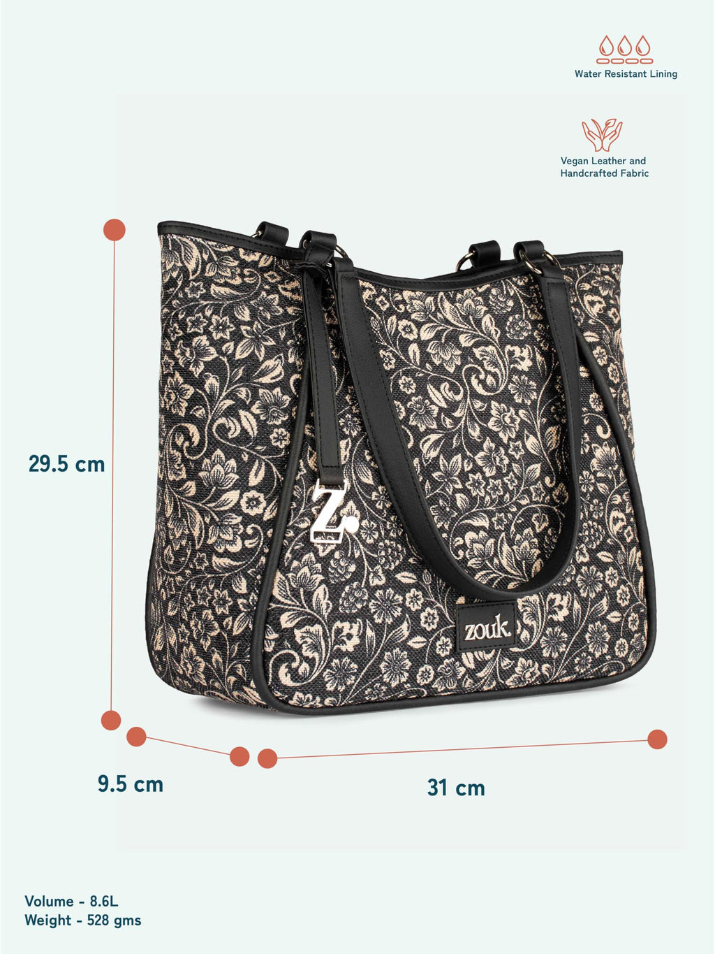 ZOUK Naisha Black Floral Tote Bag for Women | Vegan Leather Large Shoulder Handbag with Bottle Holder, Multiple Pockets & Water-Resistant Lining | Office, Travel & Daily Use | FloMotif