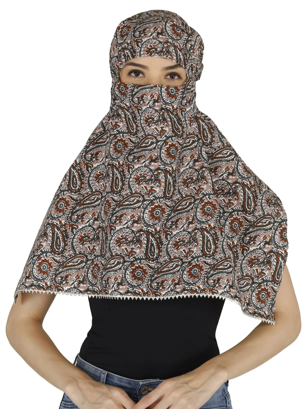 DEEPNYRA - LIVING STYLE Women and Girls Printed Scarf Cum Face Cover Mask Head Neck Face Safety Sun Protection Scarf Mask Head Bandana Wrap Pure Cotton Printed Stole (Grey Paisley)