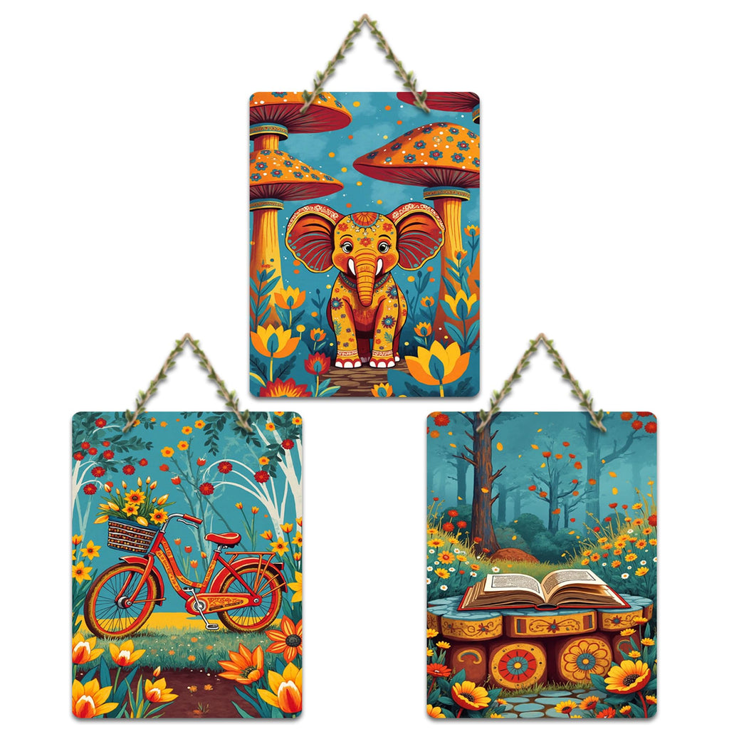 Artvibes Cute Little Elephant Bicycle & Book Wall Art Wooden Art Decoration Item for Home | Festive Decor Art | Wall Sculpture | Scenery | Wall Illustrations | Unique Gift Items (WH_9658N), Set of 3