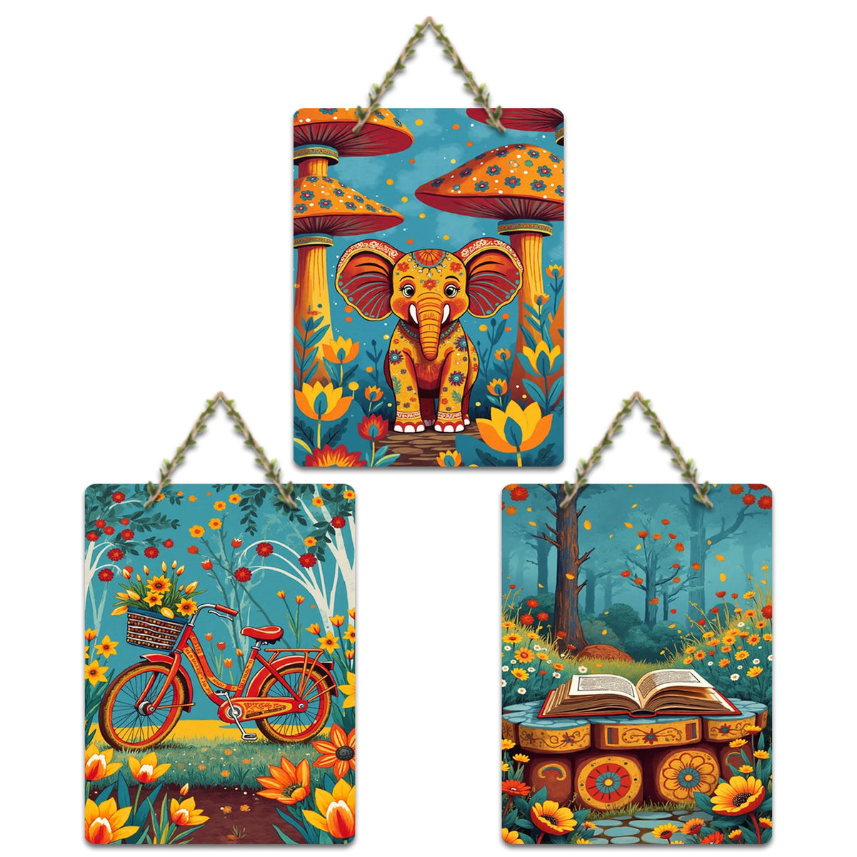 Artvibes Cute Little Elephant Bicycle & Book Wall Art Wooden Art Decoration Item for Home | Festive Decor Art | Wall Sculpture | Scenery | Wall Illustrations | Unique Gift Items (WH_9658N), Set of 3
