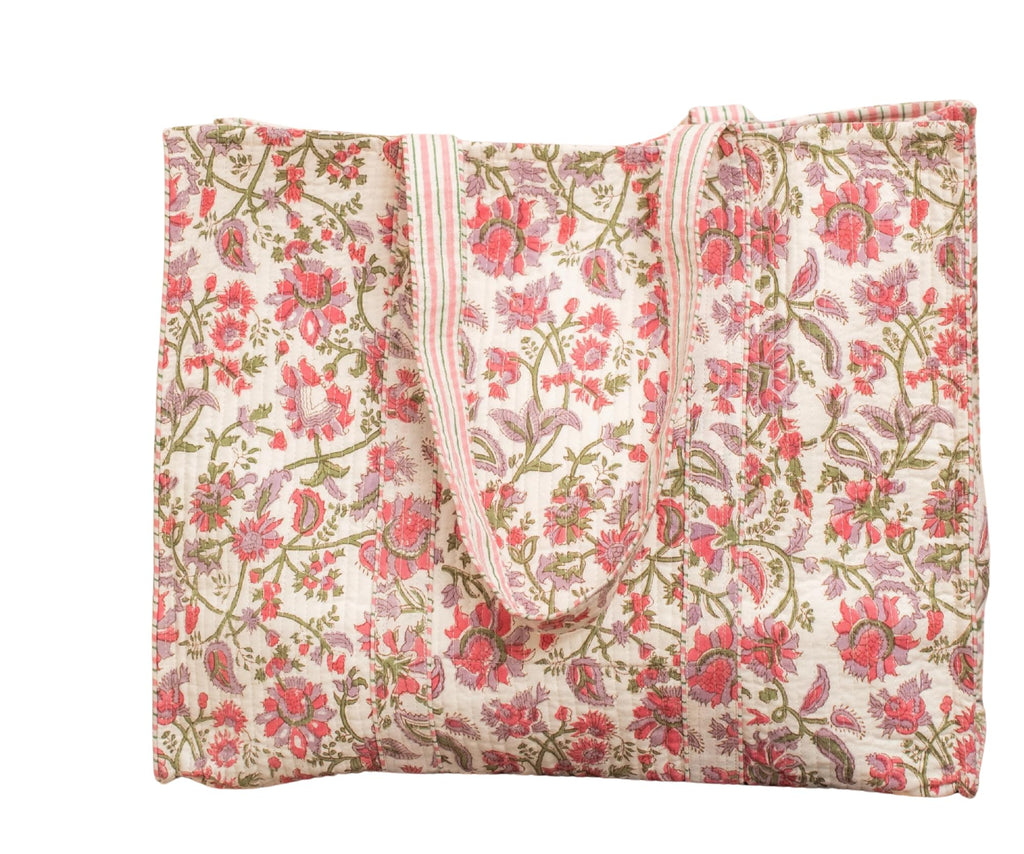 Awdhesh Kumar Blush Bloom Carryall Hand Block Printed Cotton Tote Bag for Women, 40x35 cm, Floral Pattern (Ivory Blossom/Blush Garden)