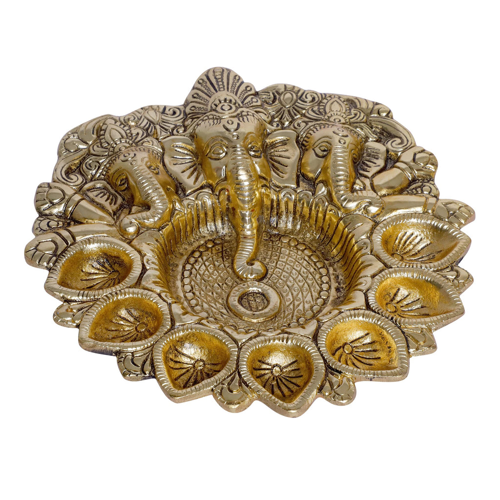 KridayKraft Metal Ganesha Puja Thali with Diya Ganpati Pooja Thali for Puja Room Mandir Temple Ganesha Murti Idol Pooja Thali for Diwali Poojan Decorative Showpiece