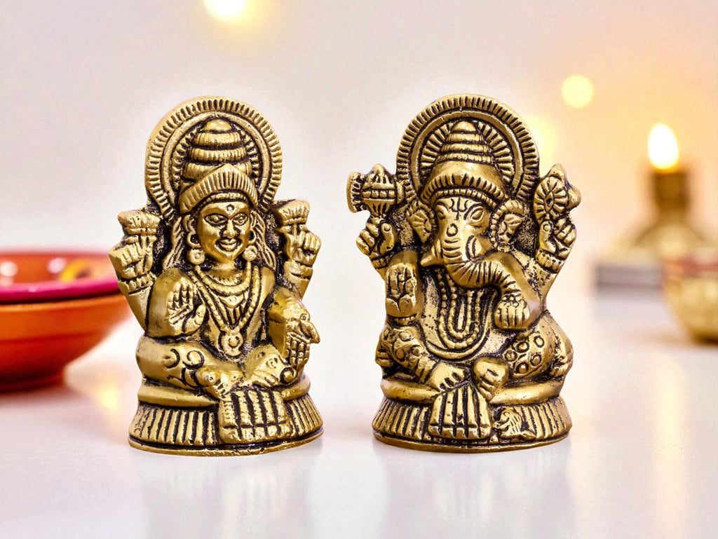 KridayKraft Metal Laxmi & Ganesh Idol Pair – Gold-Finish Mini Statues (7.5 cm × 4 cm Each), 160 g – Auspicious Home Puja Decor & Diwali Gift