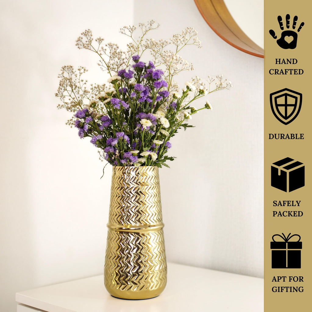 BEHOMA Arrow Engrave Metal Cylindrical Vase for, Golden - 1Pc