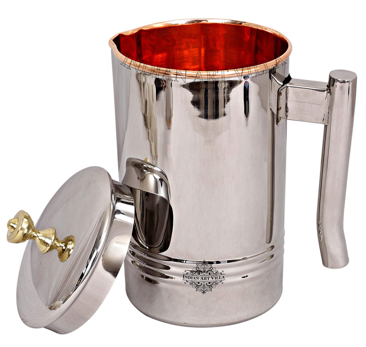 Indian Art Villa Steel Copper Carafes with Brass Knob, Serving Water Home Restaurant, 1000 ML