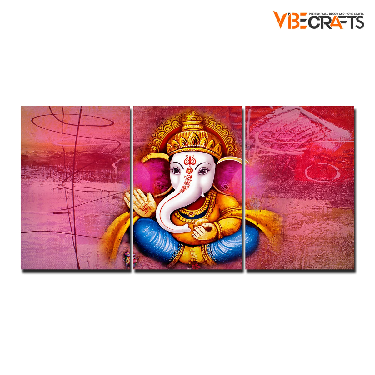 VIBECRAFTS 3 Pieces Beautiful Bal Ganesh Canvas Wall Painting Fitted With Wooden Frame For Home | Office | Living Room | Gifts(PTVC3Pcs3_11512)