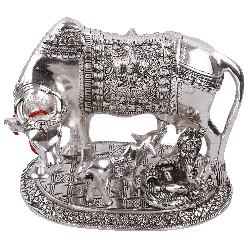 RCI Handicrafts Aluminum Metal Kamdhenu Cow And Calf with Krishna Spiritual Showpiece ( Silver, 20 x 14 x 18 cm)