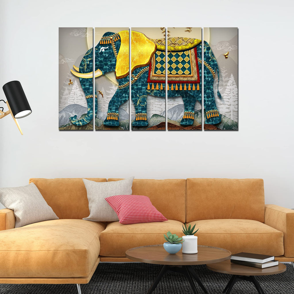 VIBECRAFTS Royal Elephant With Golden Tusks 5 Pieces Canvas Wall Painting For Home | Office | Living Room | Gift (PTVC5Pcs4_8551N)