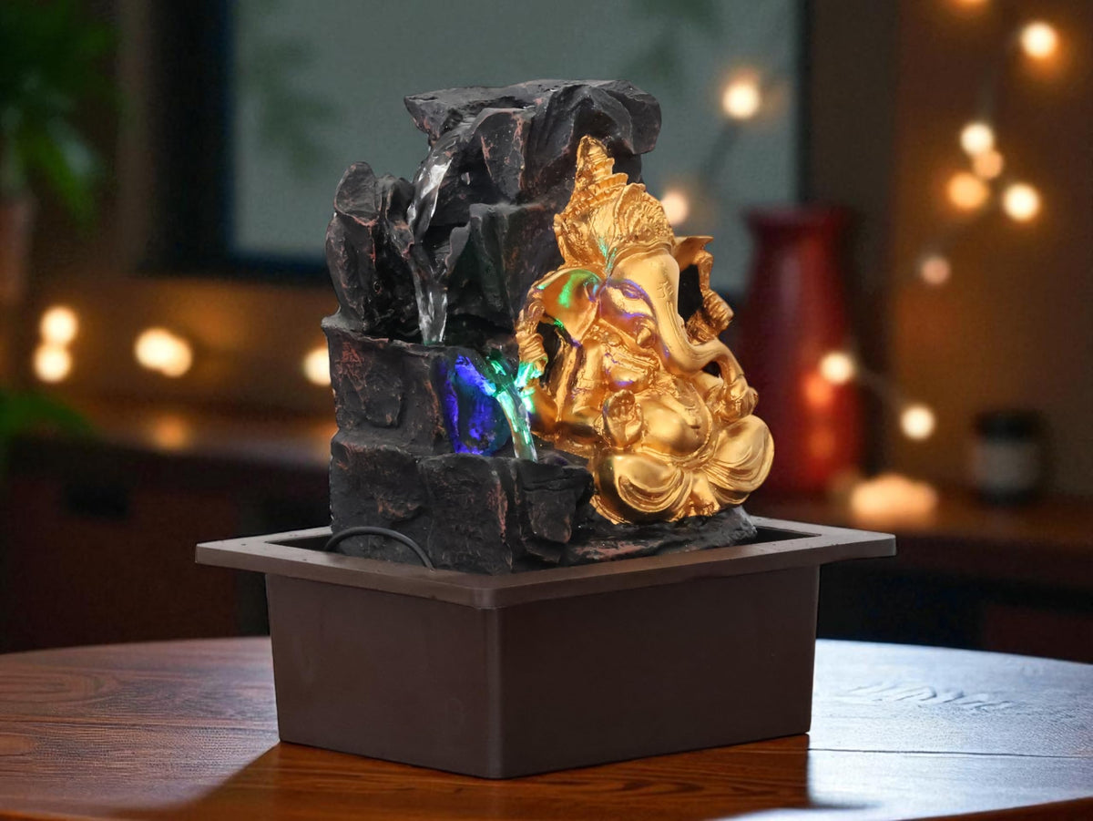 KridayKraft Ganesh Waterfall Design Table top Colour Changing Lights Fountain Polyresin Showpiece for Home Garden Living Room Decor Decoration Gift Items, 30 CM 1.3 kg
