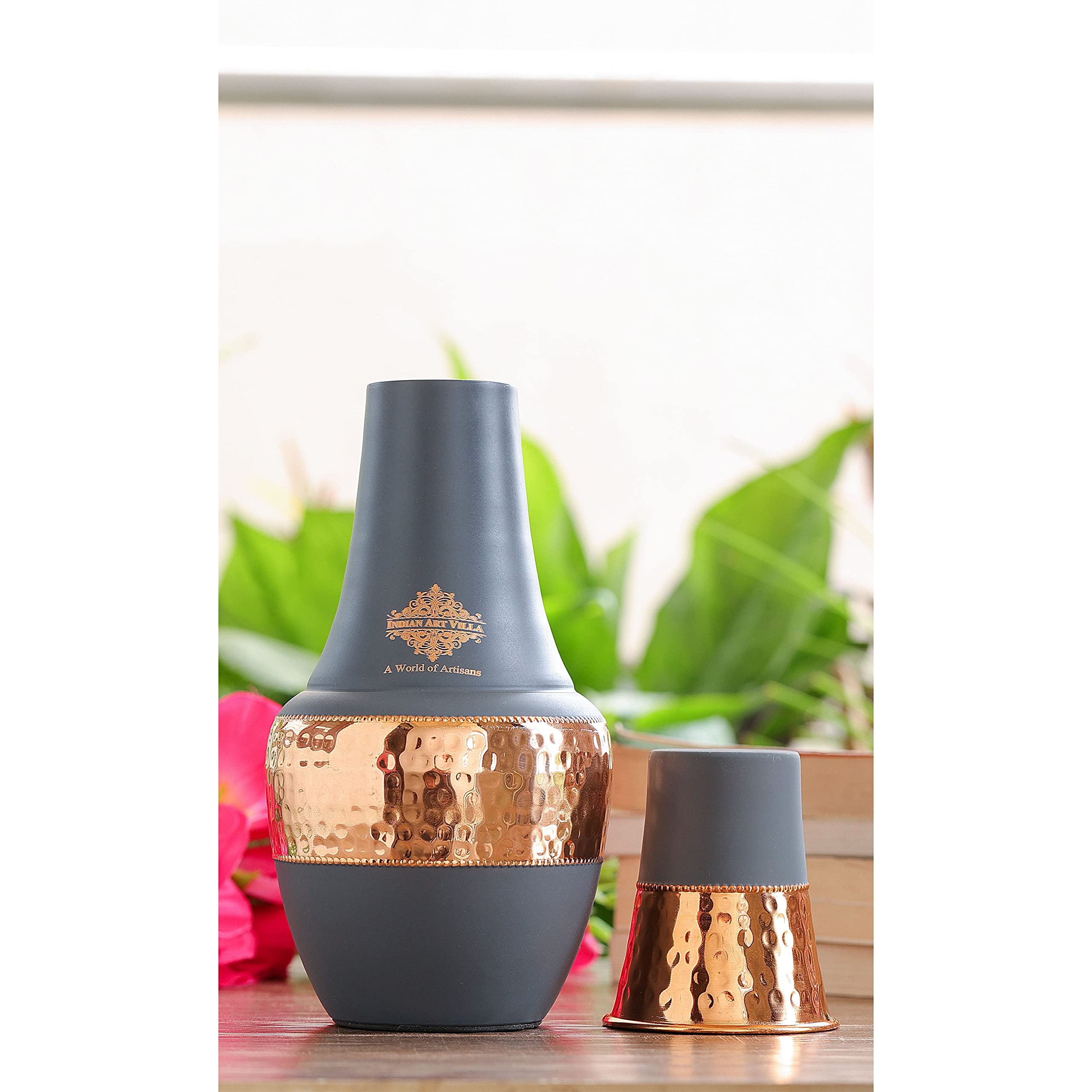 INDIAN ART VILLA Pure Copper Bedroom Water Bottle with Inbuilt Glass, Surahi Design Grey Half Silk Half Hammered Finish - Storage & Drinkware, Volume 1.25 Litre (Pack of 2)