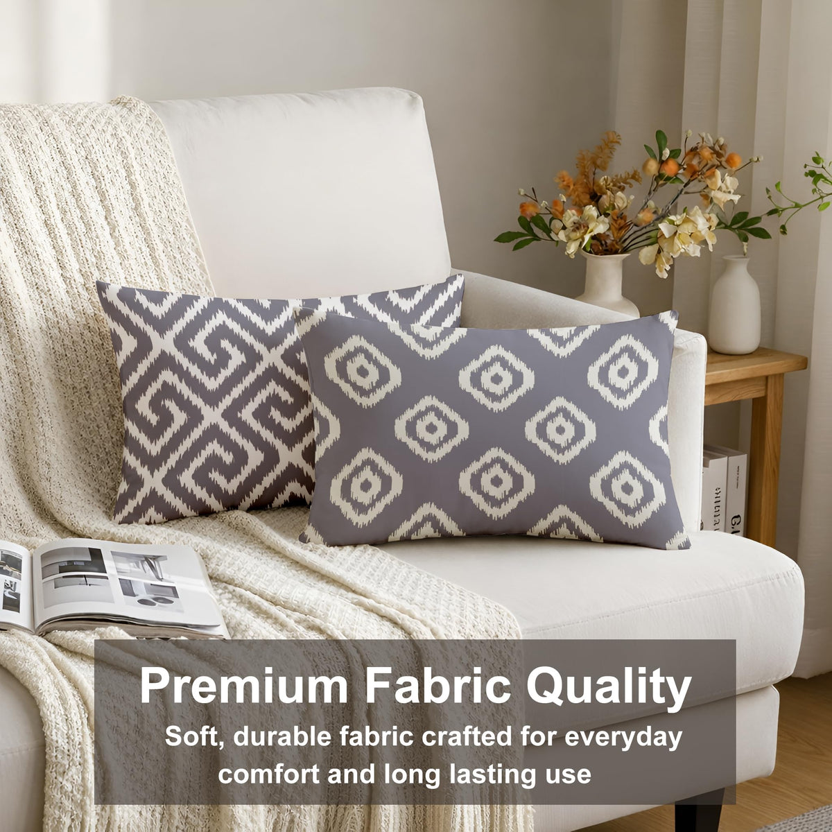 STITCHNEST Set of 2 Polycotton Cushion Covers – 12x18 Inches – Grey & White Ikat Geometric Print – Elegant Cushion Covers for Sofa & Living Room | Perfect for Home Decor