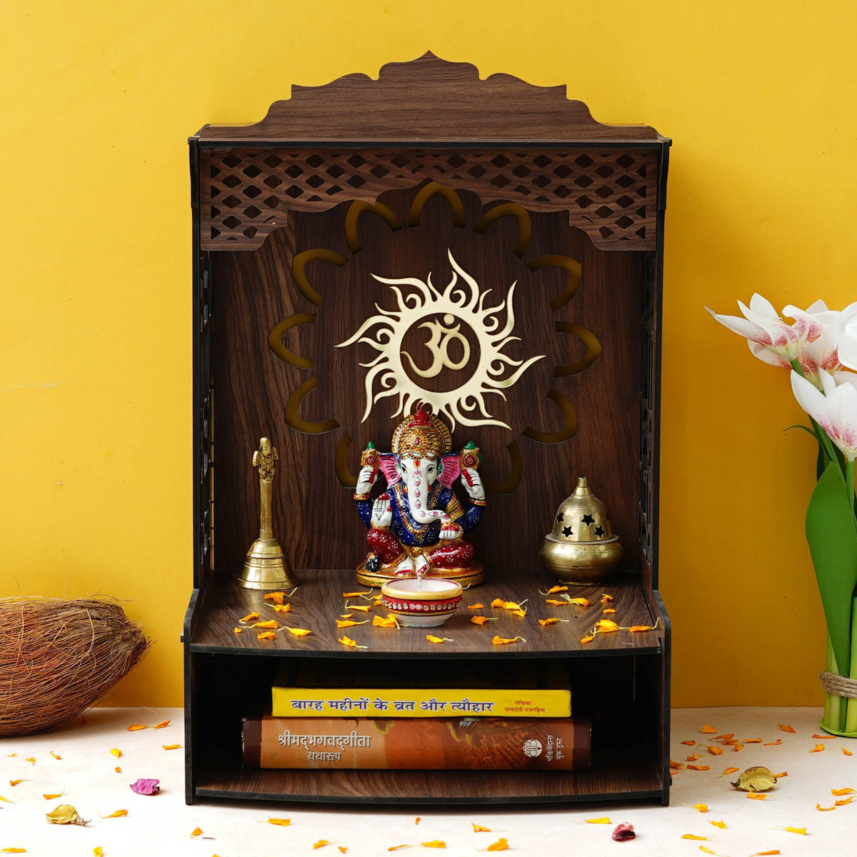eCraftIndia Beautiful Om Decorative Wooden Temple for Home Office | Wall Mounted Pooja Stand for Home Temple Pooja Mandir