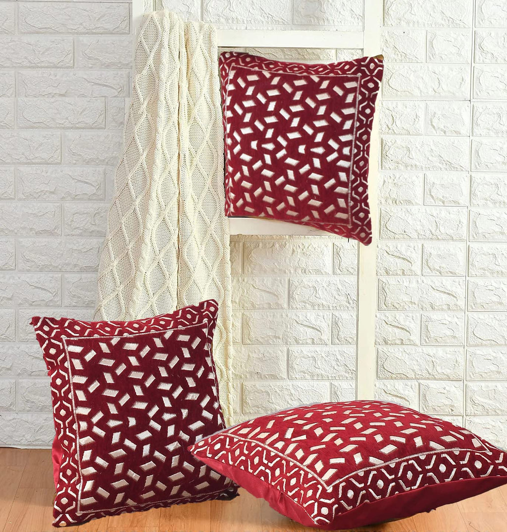DECOMIZER Jacquard Geomteric Cushion Covers 16 Inch X 16 Inch Set Of 3 Ethnic Motifs 240 TC Cushion Covers,Design- Bricks,Color- Maroon