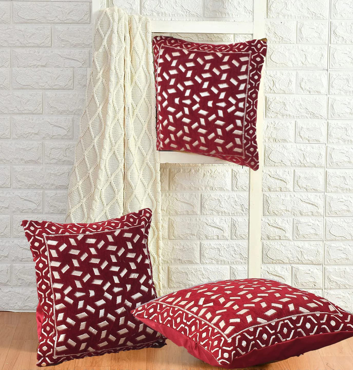 DECOMIZER Jacquard Geomteric Cushion Covers 16 Inch X 16 Inch Set Of 3 Ethnic Motifs 240 TC Cushion Covers,Design- Bricks,Color- Maroon