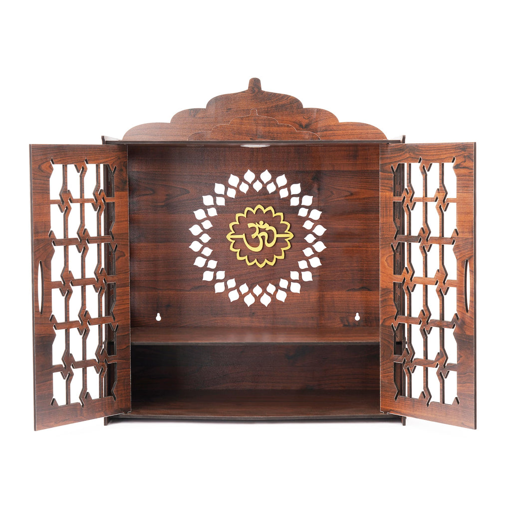 Pixie Daisy Wooden Wall Mounted Pooja Mandir with Jaali Doors | Home Temple with LED Light & Golden Om Design | Wooden Temple Cabinet for Home, Office & Gifting