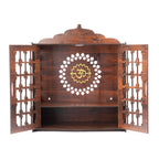 Pixie Daisy Wooden Wall Mounted Pooja Mandir with Jaali Doors | Home Temple with LED Light & Golden Om Design | Wooden Temple Cabinet for Home, Office & Gifting