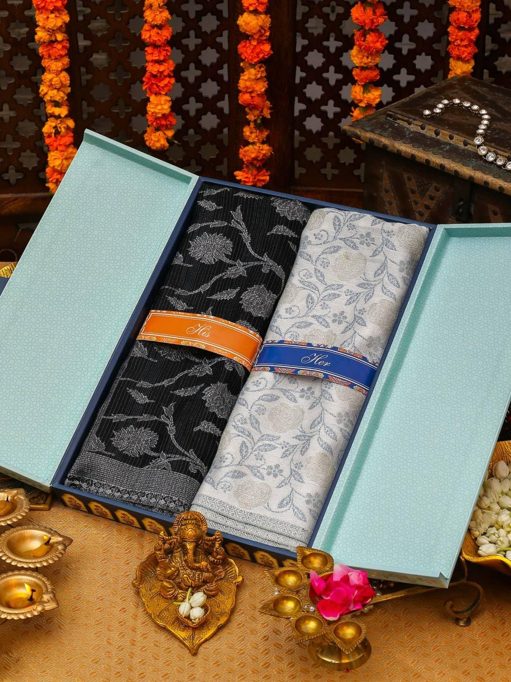 Pashmoda His and Her Gift Set of Kaani Stoles With Wooden Gift Box