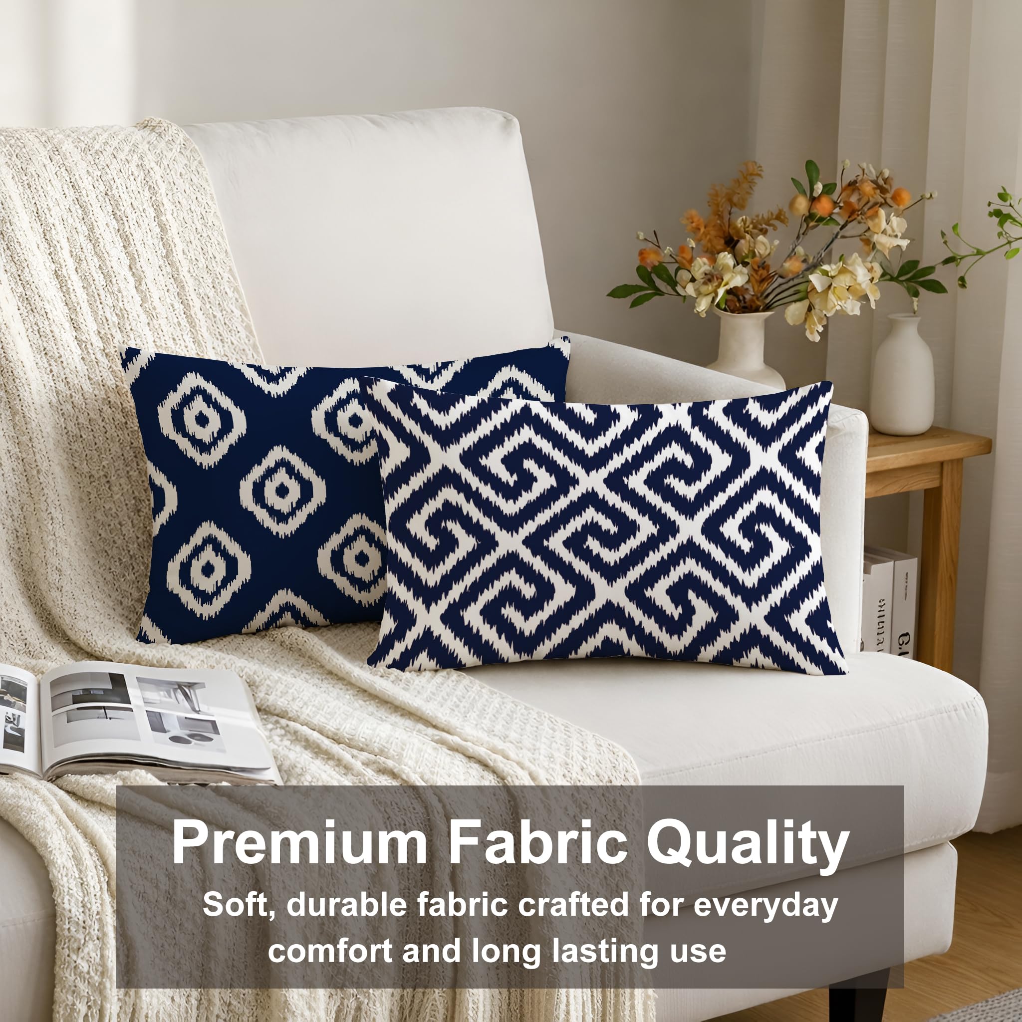 STITCHNEST Set of 2 Polycotton Cushion Covers – 12x18 Inches – Blue & White Ikat Geometric Print – Elegant Cushion Covers for Sofa & Living Room | Perfect for Home Decor