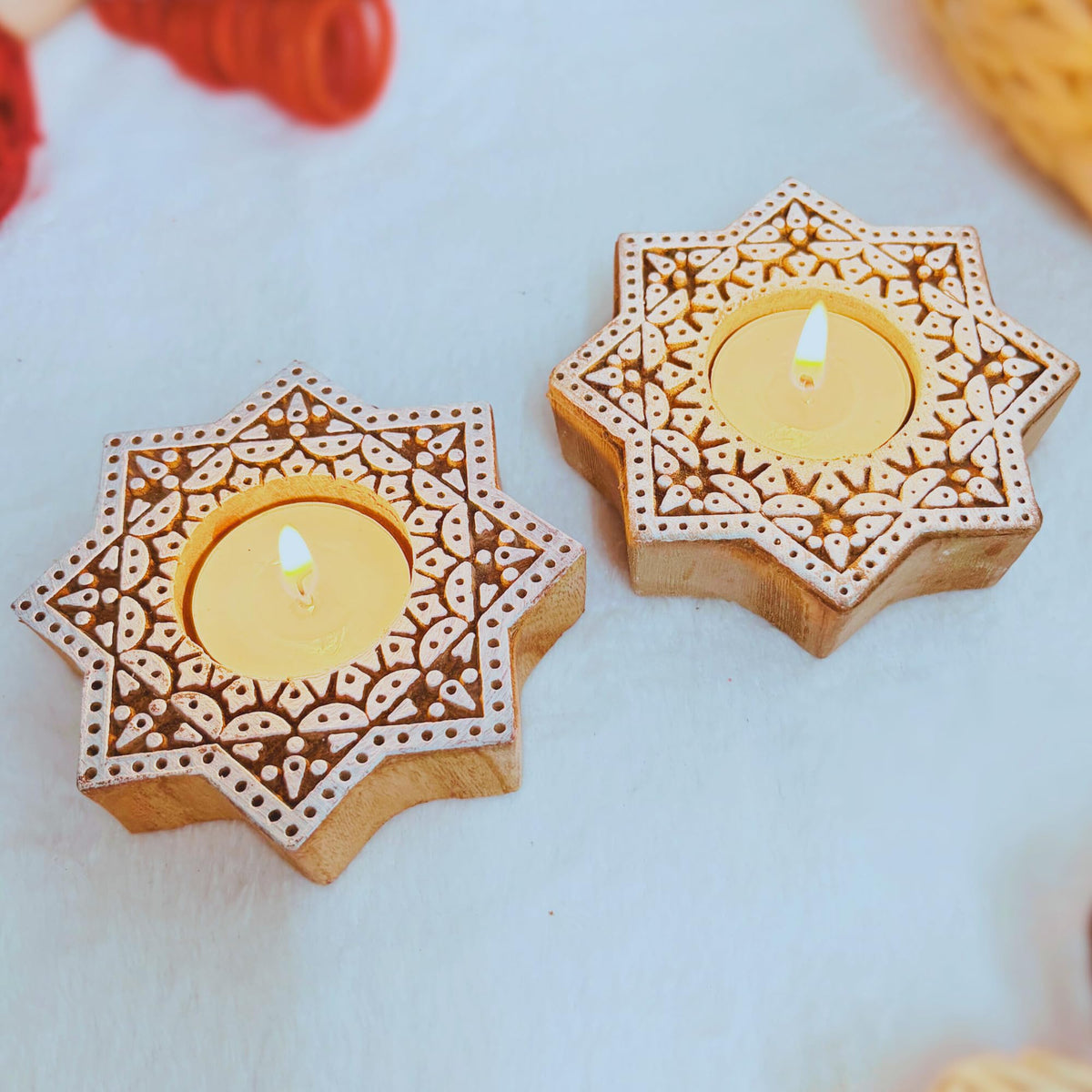 Goyoham | Pack of 2, Premium Wooden Candle Holders with Octagon Star Pattern | Handcrafted in India | Home Decor and Gifting