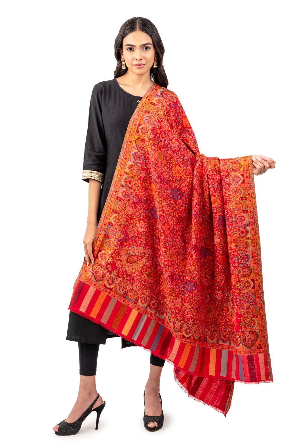Naureen Women Pashmina Blend Kani Shawl with Floral Artwork, Warm and Soft, 40x80 inch