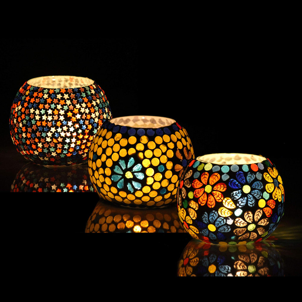 BRAHMZ® Set Of 3 Handmade Glass Mosaic Turkish Moroccan Tea Light Candle Holders (Md7)