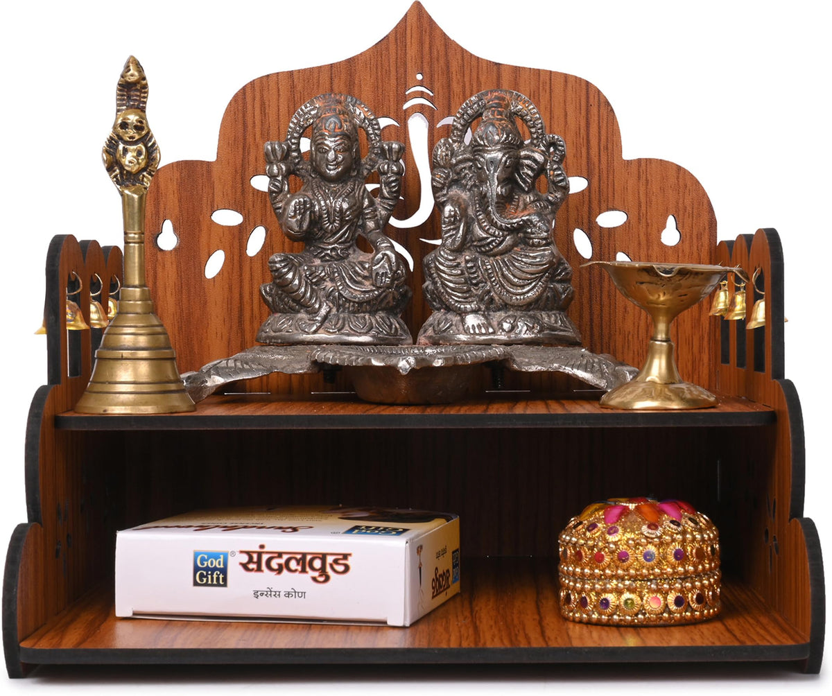 GOJEEVA KRAFT Engineered Wood Hand Crafted Carved Pattern Home Temple for Idols Temple for Home and Office I Ganesh Ji Devghar | Set Top Box Stand I Wooden Mandir (Pack of 1) (Medium)