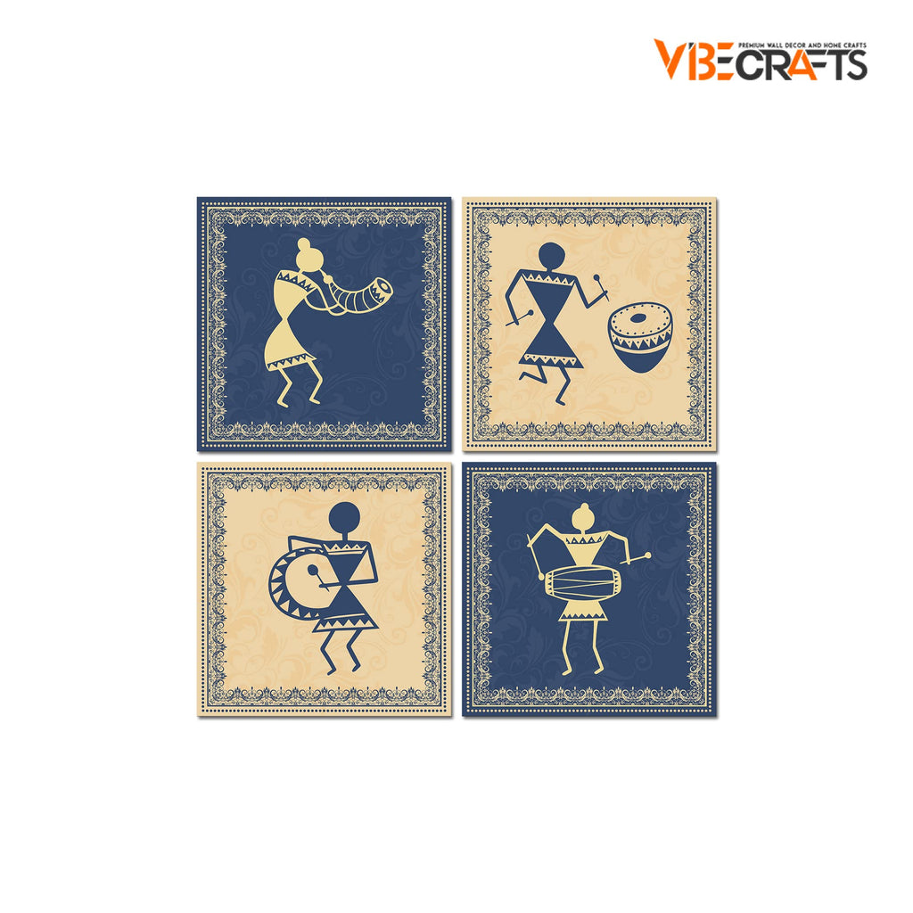 VIBECRAFTS Beautiful 4 Pieces Warli Art Canvas Wall Hanging Painting Fitted With Wooden Frame For Home | Office | Living Room | Gifts (PTVC4Pcs5_16607)