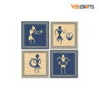 VIBECRAFTS Beautiful 4 Pieces Warli Art Canvas Wall Hanging Painting Fitted With Wooden Frame For Home | Office | Living Room | Gifts (PTVC4Pcs5_16607)