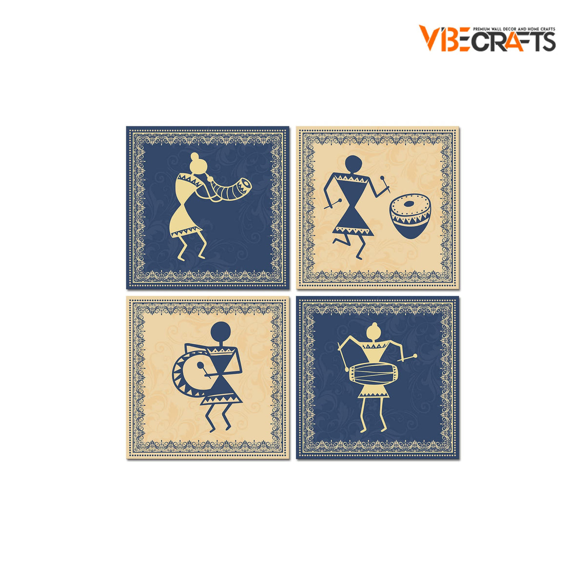 VIBECRAFTS Beautiful 4 Pieces Warli Art Canvas Wall Hanging Painting Fitted With Wooden Frame For Home | Office | Living Room | Gifts (PTVC4Pcs5_16607)