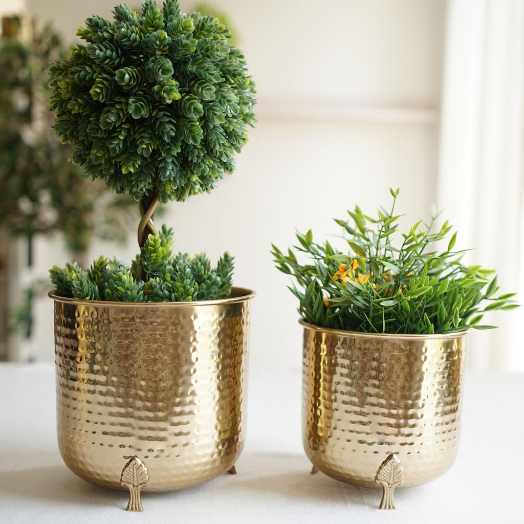 BEHOMA Metal Hammered Planter for Home Decor, Golden - Set of 2