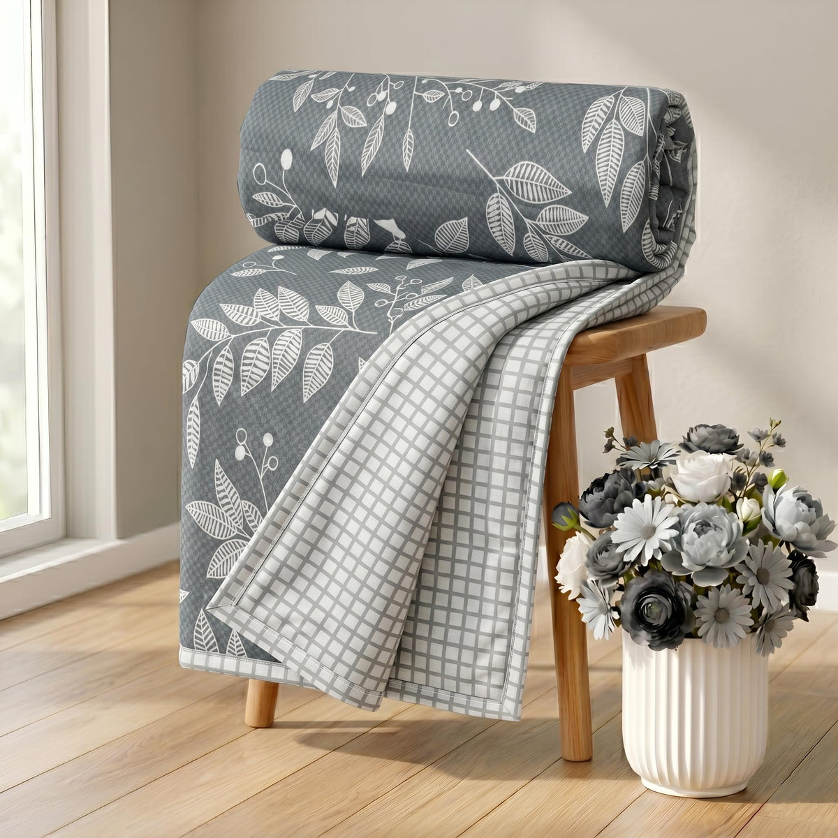HOMEKART Premium 100% Cotton Dohar for Double Bed | Reversible AC Blanket | Lightweight All Season Comforter | Soft & Breathable Summer Quilt for Adults | 150 GSM | 88 x 85 Inches (Graphite Willow) Kafalo