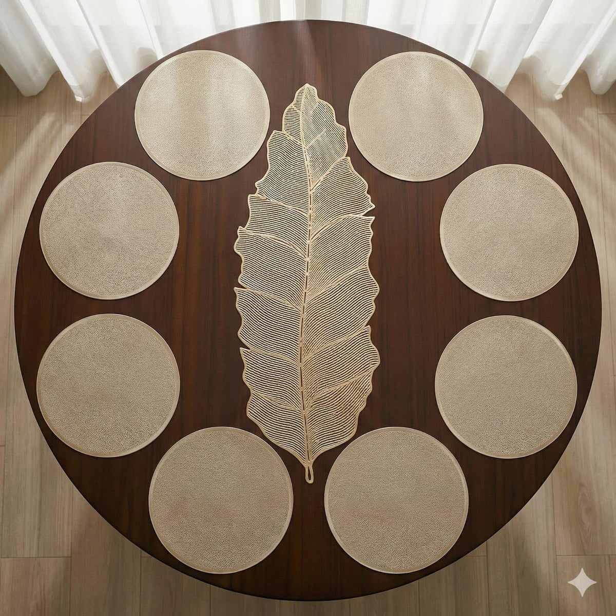 Combo Table Mat and Table Runner Set for Dining Table |Complete Table Cover Set for Plates & Cutlery |Suitable for Home and Everyday Use (Combo Rustic Round + Leaf Combo, 6 pcs + 1 Runner) Kafalo