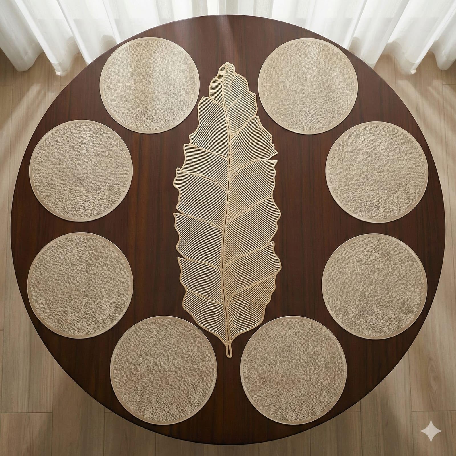 Combo Table Mat and Table Runner Set for Dining Table |Complete Table Cover Set for Plates & Cutlery |Suitable for Home and Everyday Use (Rustic Round + Leaf, 8 pcs + 1 Runner) Kafalo