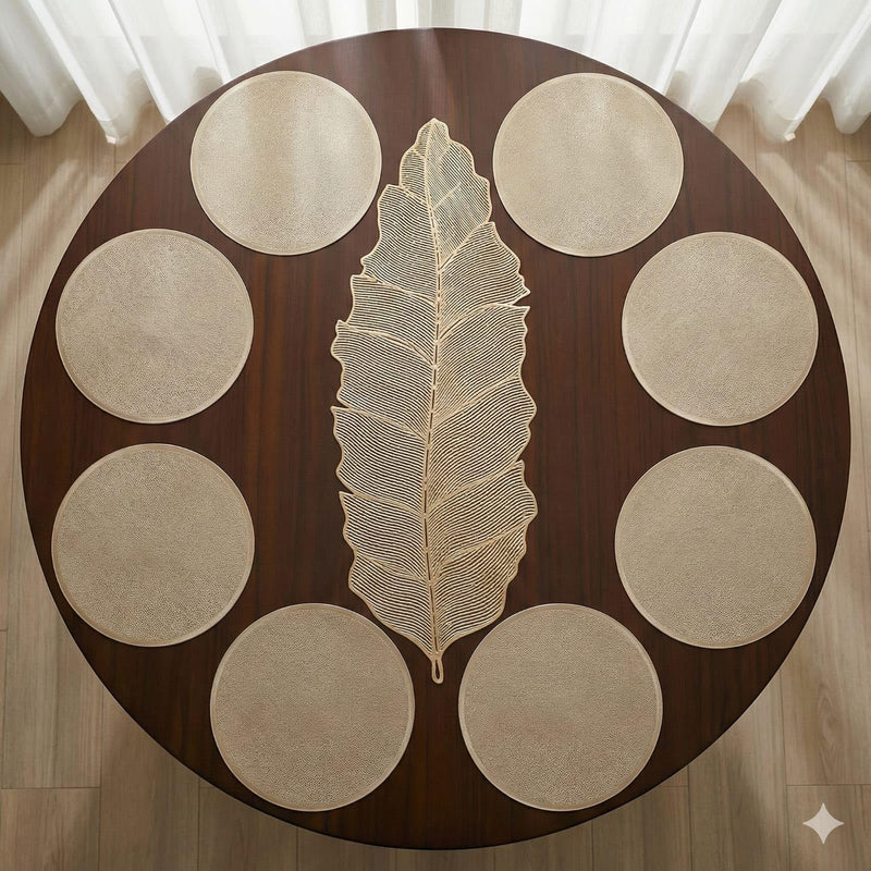 Combo Table Mat and Table Runner Set for Dining Table |Complete Table Cover Set for Plates & Cutlery |Suitable for Home and Everyday Use (Rustic Round + Leaf, 8 pcs + 1 Runner) Kafalo