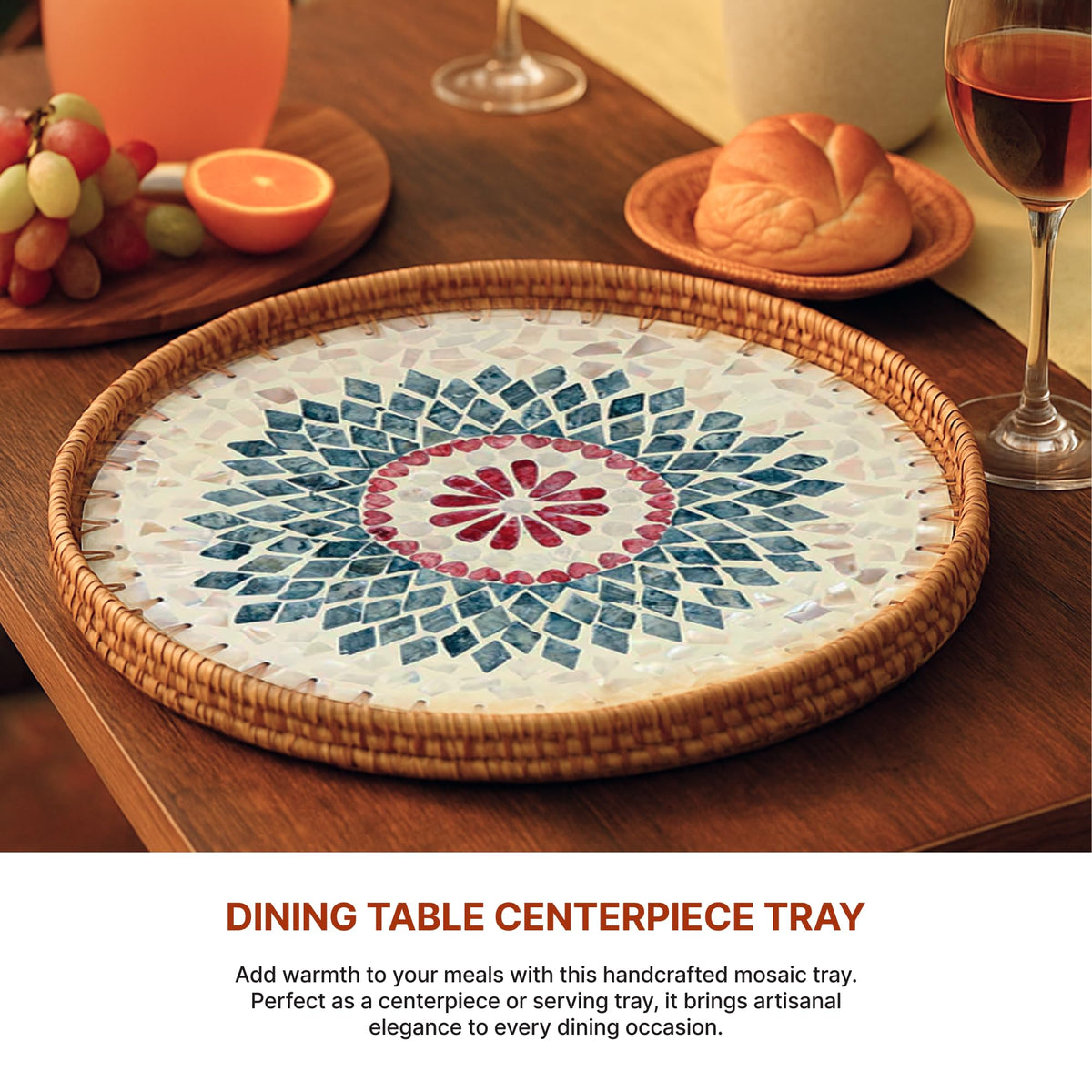 Habere India-All The Cultures Fabricating India Decorative Serving & Organising Trays | Gift Hamper | Wooden Serving Tray | Round Shape Rattan Tray - Large (Dia40 x H5 cm)