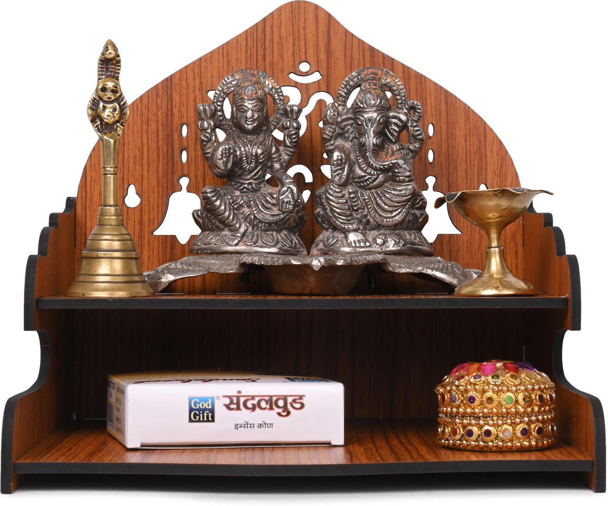 GOJEEVA KRAFT Engineered Wood Hand Crafted Carved Pattern Home Temple for Idols Temple for Home and Office I Kamal OM | Set Top Box Stand I Wooden Mandir (Pack of 1) (Medium)