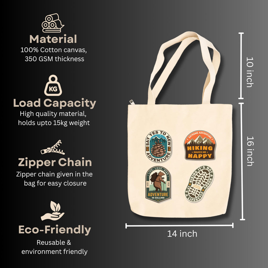 snapiq COTTON 350 GSM Canvas Tote Bag for Women and Girls Thick Fabric with Zipper (Beige, Adventure badge)