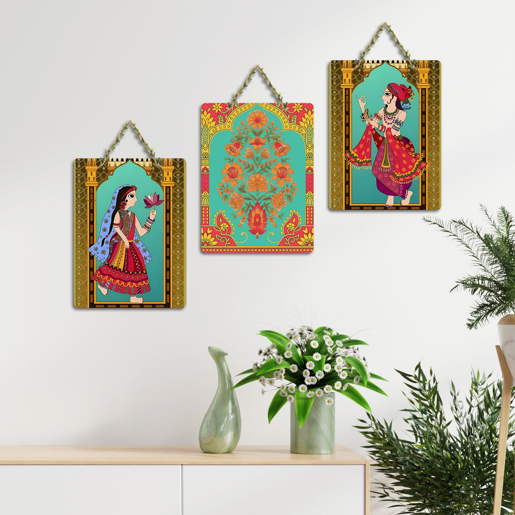 Artvibes Rajasthani Art Decorative Wall Art MDF Wooden Wall Hanger for Living Room | Art For Wall | Wall Sculpture | Signs & Plaques | Festive Decor | Wall Poster | Unique Gift (WH_9603N), Set of 3