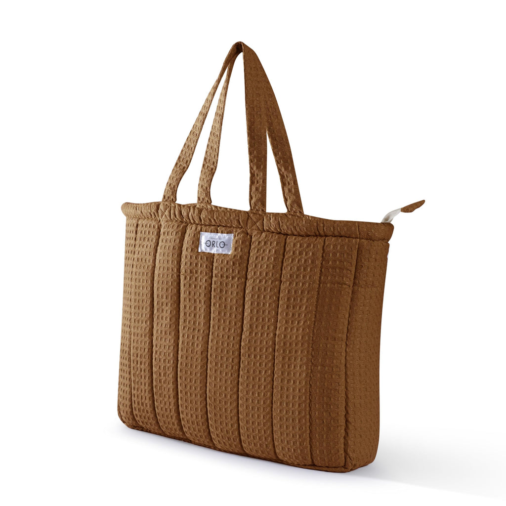 HOUSE OF ORLO Premium Cotton Waffle Quilted Tote Bag, Large Spacious Handbag for College, Office, Work, Travel, Shopping & Daily Use - Brown