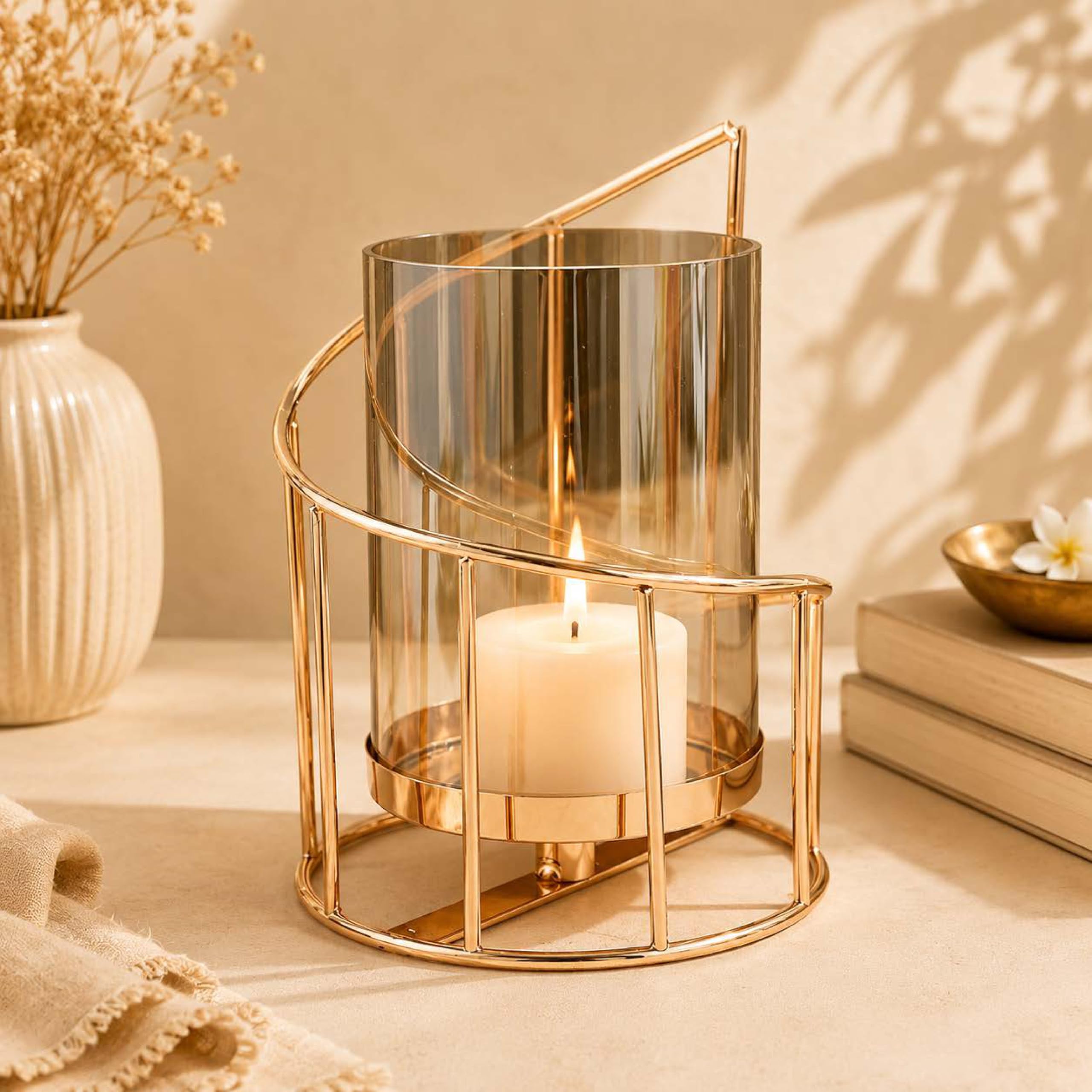Modern Gold Metal & Glass Candle Holder | Decorative Hurricane Lantern with Spiral Frame | Tealight & Pillar Candle Stand for Home Decor, Living Room, Dining Table & Gifting