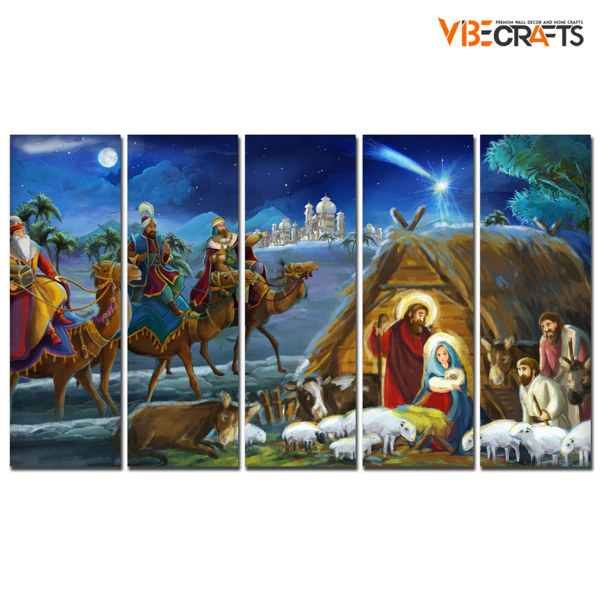 VIBECRAFTS Three King And Holy Family 5 Pieces Canvas Wall Painting For Home | Office | Living Room | Gift (PTVC5Pcs4_8525)