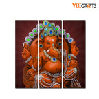 VIBECRAFTS 3 Pieces Beautiful Ganesh Ji Canvas Wall Painting Fitted With Wooden Frame For Home | Office | Living Room | Gifts (PTVC3Pcs1_9571)