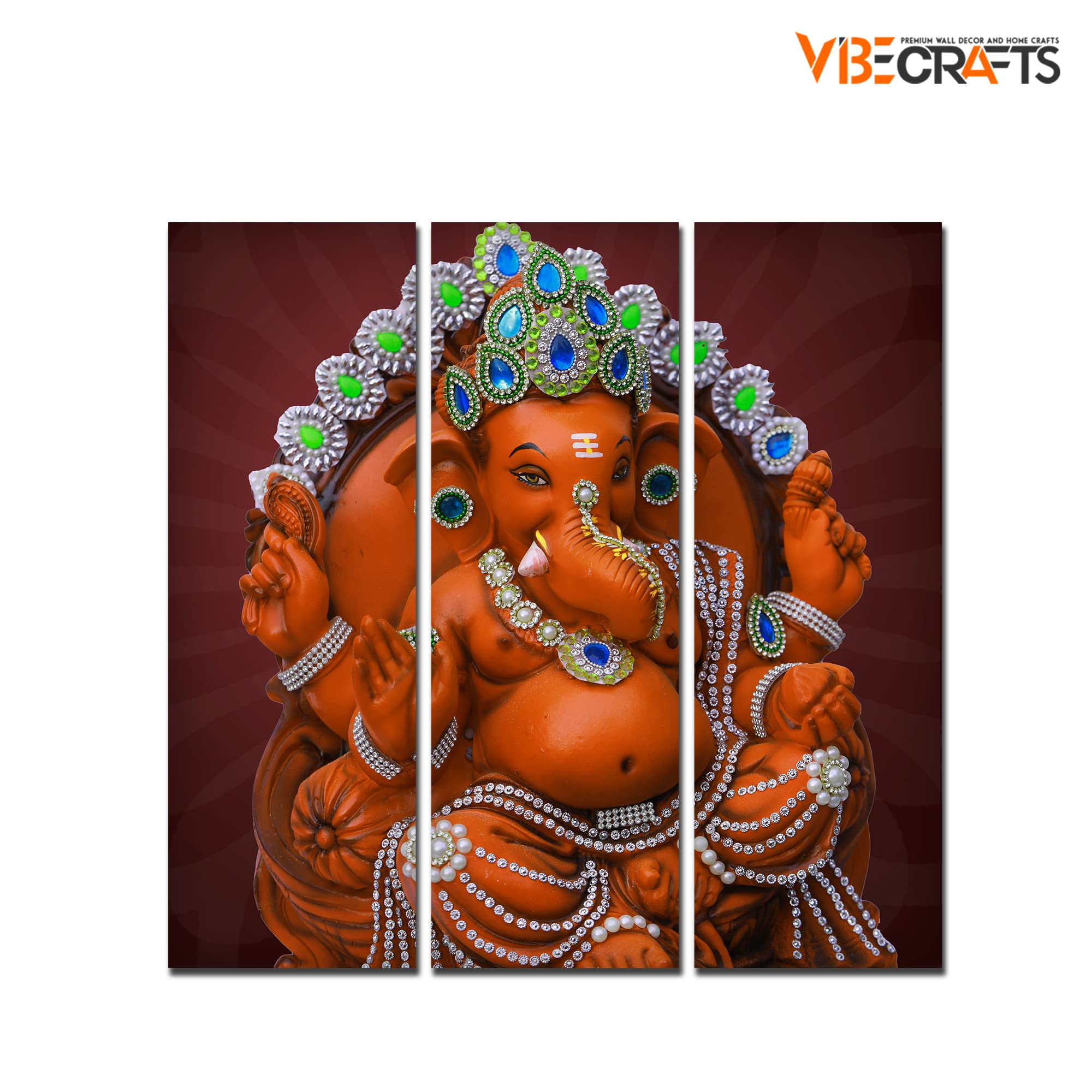 VIBECRAFTS 3 Pieces Beautiful Ganesh Ji Canvas Wall Painting Fitted With Wooden Frame For Home | Office | Living Room | Gifts (PTVC3Pcs1_9571)